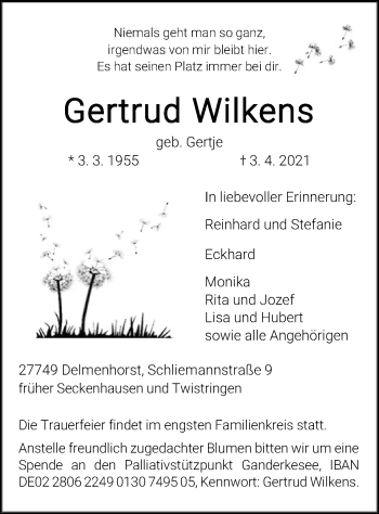 Traueranzeige von Gertrud Wilkens von SYK