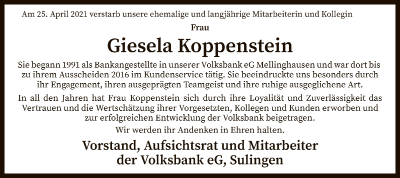  Traueranzeige für Giesela Koppenstein vom 30.04.2021 aus SYK