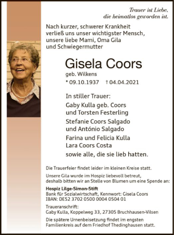 Traueranzeige von Gisela Coors von SYK