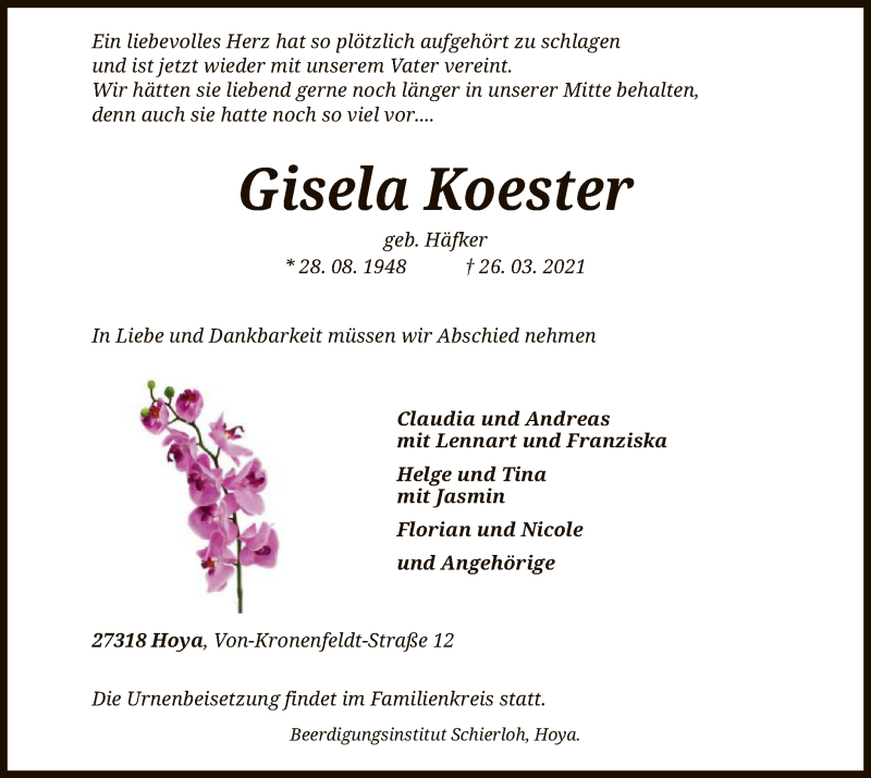  Traueranzeige für Gisela Koester vom 03.04.2021 aus SYK