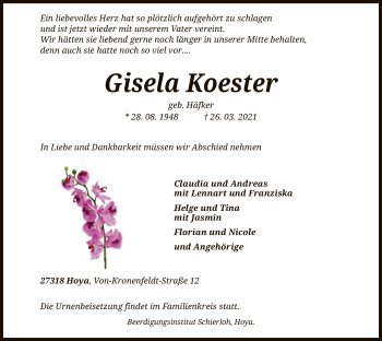 Traueranzeige von Gisela Koester von SYK