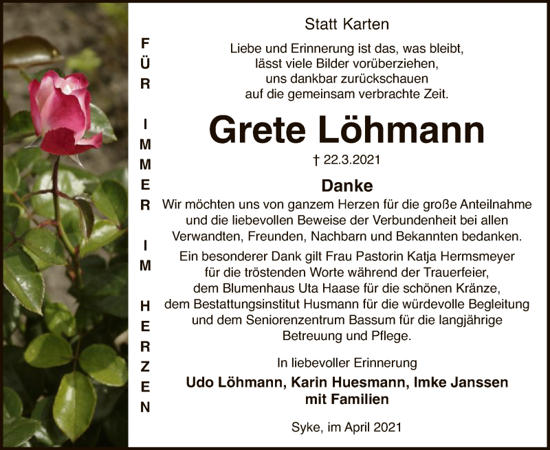  Traueranzeige für Grete Löhmann vom 24.04.2021 aus SYK