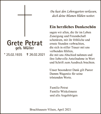 Traueranzeige von Grete Petrat von SYK