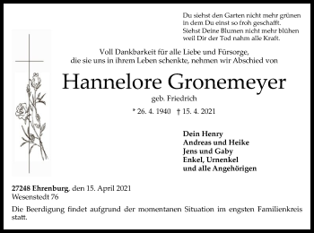 Traueranzeige von Hannelore Gronemeyer von SYK