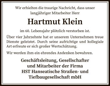 Traueranzeige von Hartmut Klein von SYK