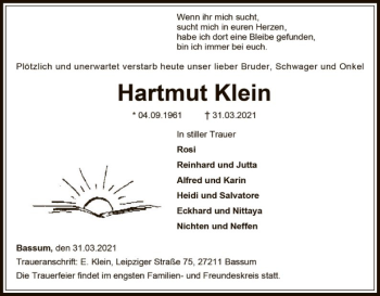 Traueranzeige von Hartmut Klein von SYK