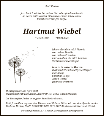 Traueranzeige von Hartmut Wiebel von SYK