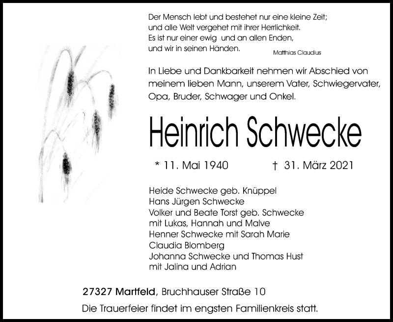  Traueranzeige für Heinrich Schwecke vom 03.04.2021 aus SYK