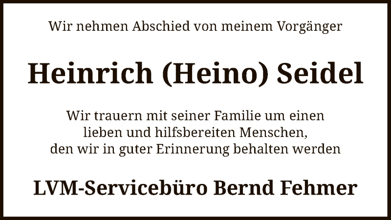  Traueranzeige für Heinrich Seidel vom 17.04.2021 aus SYK