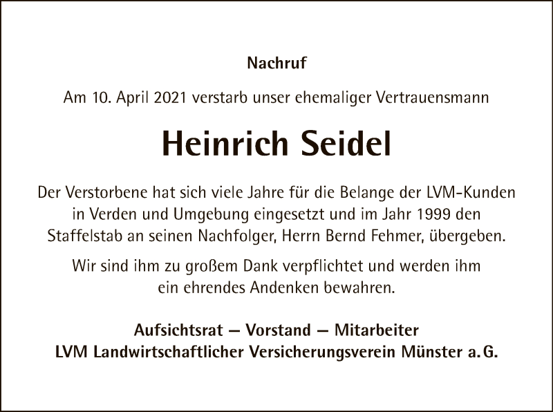  Traueranzeige für Heinrich Seidel vom 17.04.2021 aus SYK