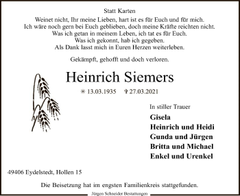 Traueranzeige von Heinrich Siemers von SYK