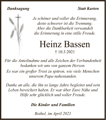 Traueranzeige von Heinz Bassen von SYK