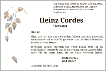 Traueranzeige von Heinz Cordes von SYK