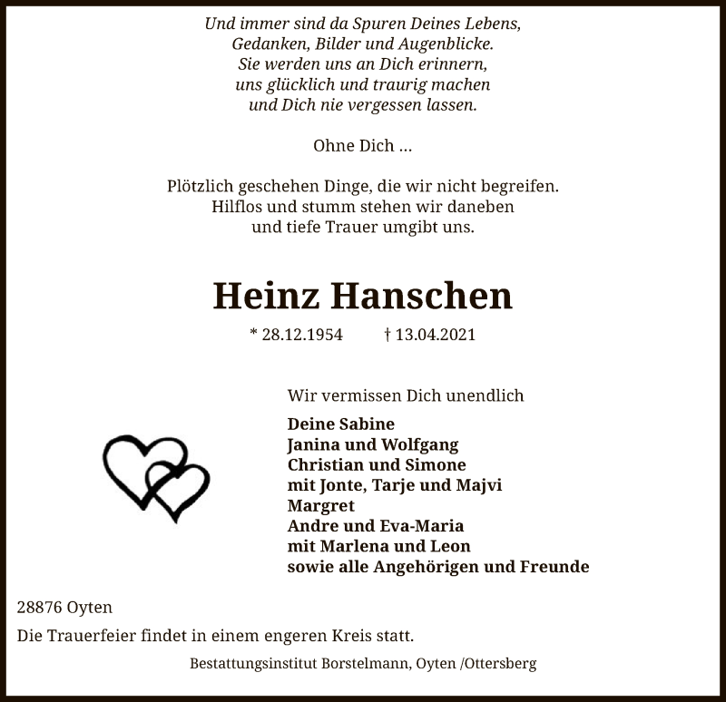  Traueranzeige für Heinz Hanschen vom 17.04.2021 aus SYK