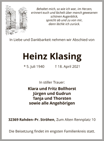 Traueranzeige von Heinz Klasing von SYK