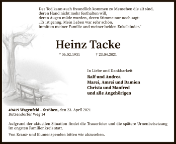 Traueranzeige von Heinz Tacke von SYK