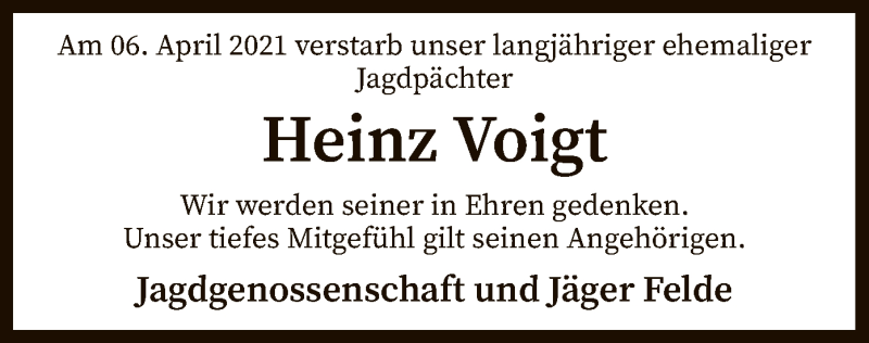  Traueranzeige für Heinz Voigt vom 13.04.2021 aus SYK