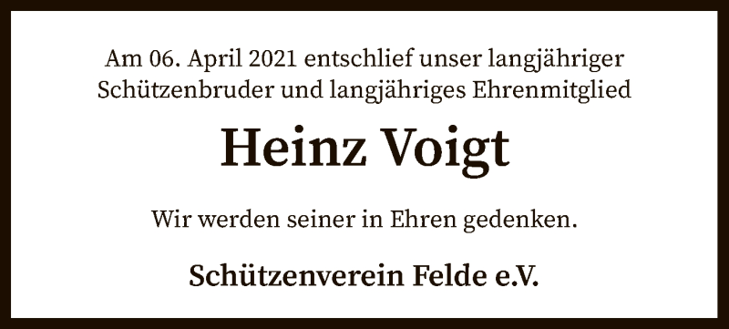  Traueranzeige für Heinz Voigt vom 13.04.2021 aus SYK