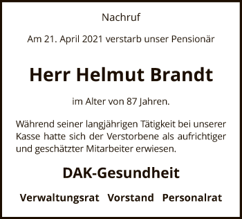 Traueranzeige von Helmut Brandt von SYK