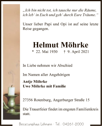 Traueranzeige von Helmut Möhrke von SYK