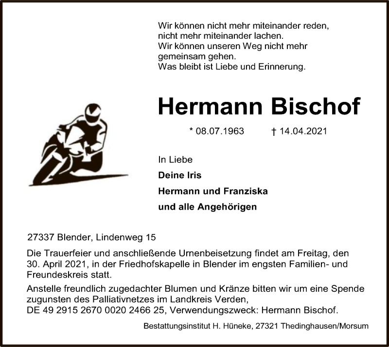  Traueranzeige für Hermann Bischof vom 24.04.2021 aus SYK