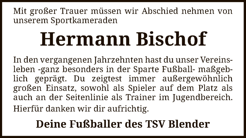  Traueranzeige für Hermann Bischof vom 24.04.2021 aus SYK