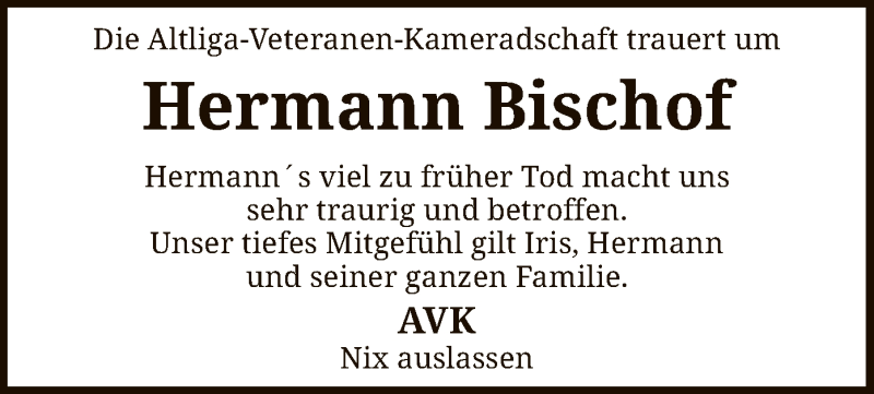  Traueranzeige für Hermann Bischof vom 24.04.2021 aus SYK