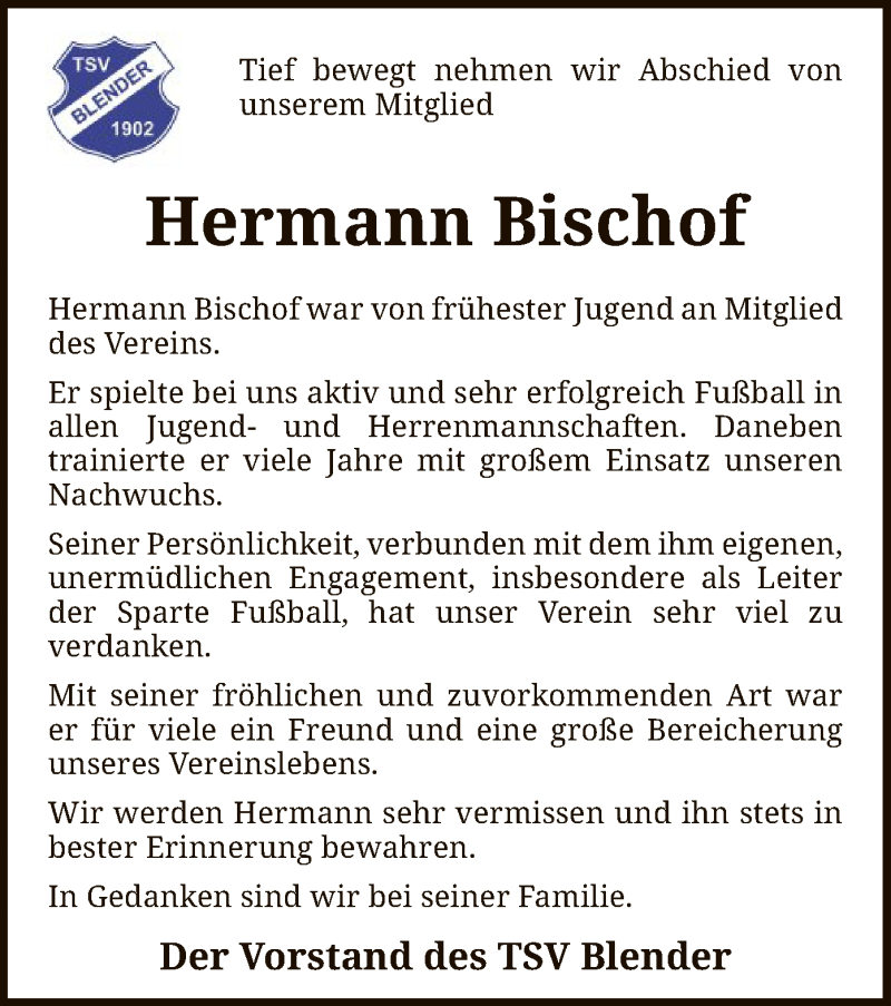  Traueranzeige für Hermann Bischof vom 24.04.2021 aus SYK