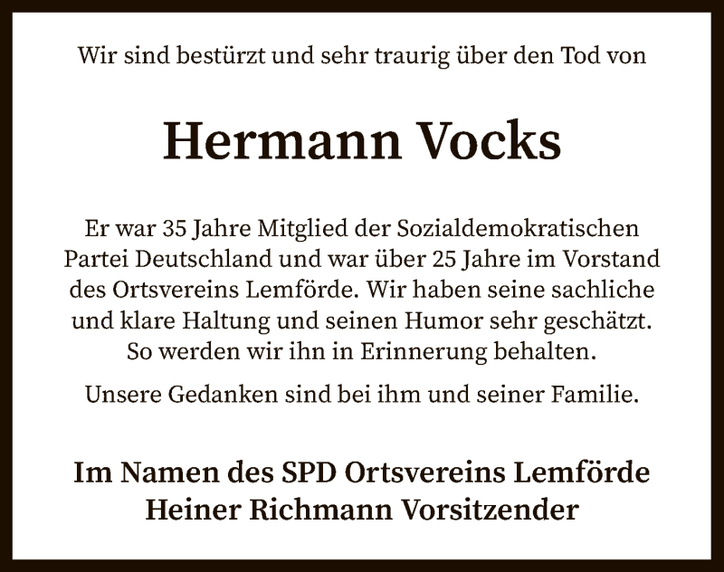  Traueranzeige für Hermann Vocks vom 30.04.2021 aus SYK
