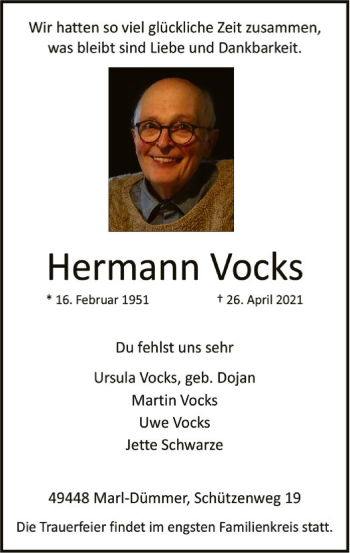 Traueranzeige von Hermann Vocks von SYK