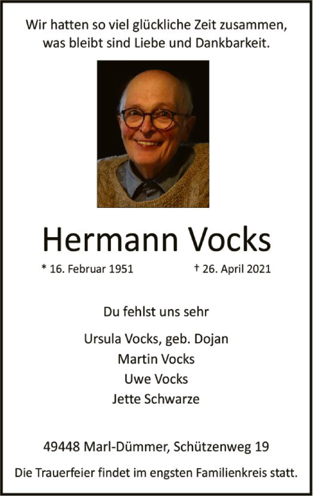  Traueranzeige für Hermann Vocks vom 29.04.2021 aus SYK