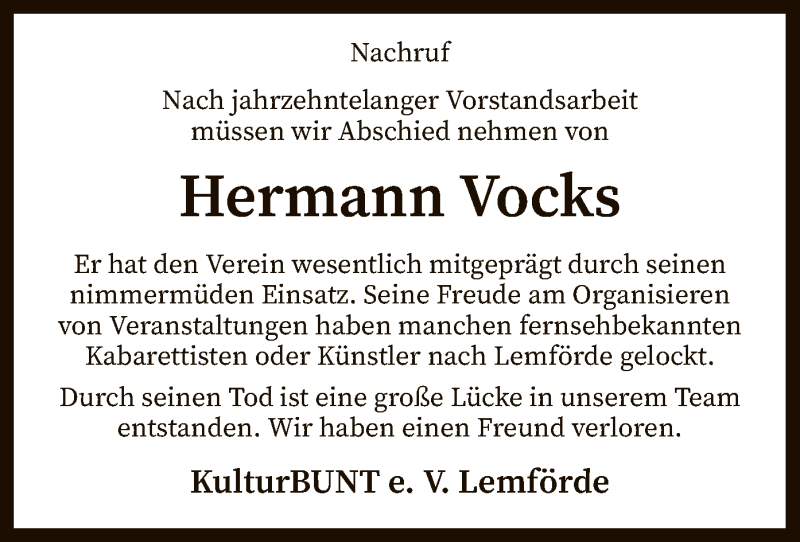  Traueranzeige für Hermann Vocks vom 30.04.2021 aus SYK