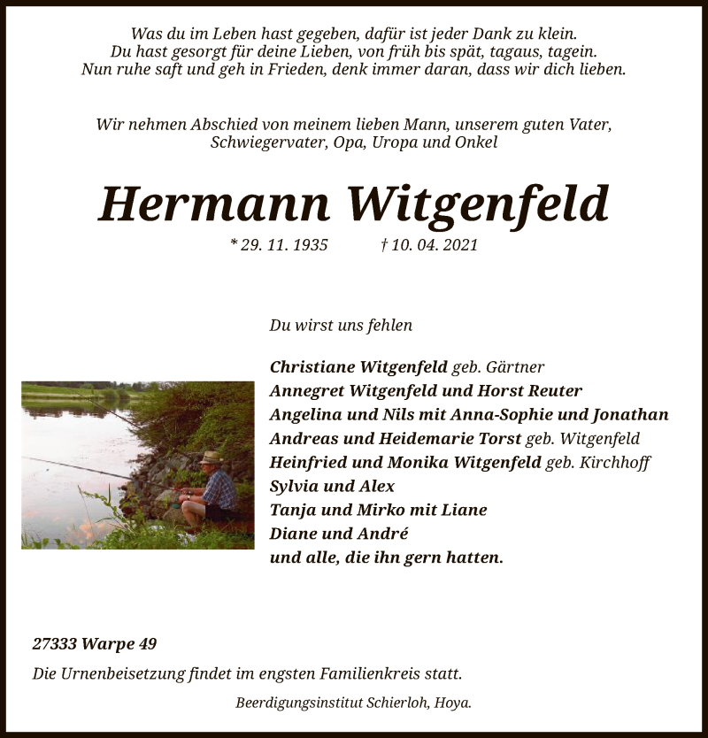  Traueranzeige für Hermann Witgenfeld vom 14.04.2021 aus SYK