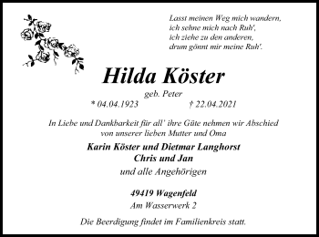 Traueranzeige von Hilda Köster von SYK