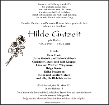 Traueranzeige von Hilde Gutzeit von SYK