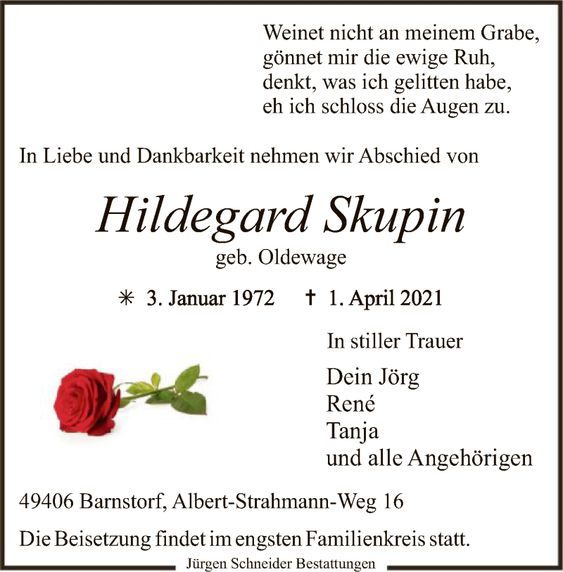  Traueranzeige für Hildegard Skupin vom 10.04.2021 aus SYK
