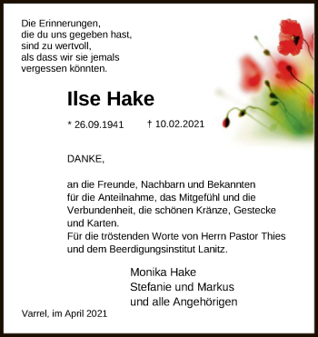 Traueranzeige von Ilse Hake von SYK