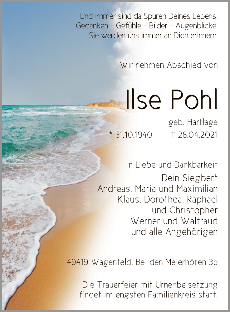  Traueranzeige für Ilse Pohl vom 30.04.2021 aus SYK