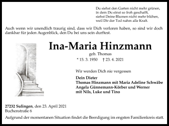 Traueranzeige von Ina-Maria Hinzmann von SYK