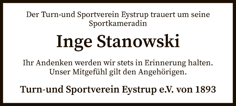  Traueranzeige für Inge Stanowski vom 24.04.2021 aus SYK