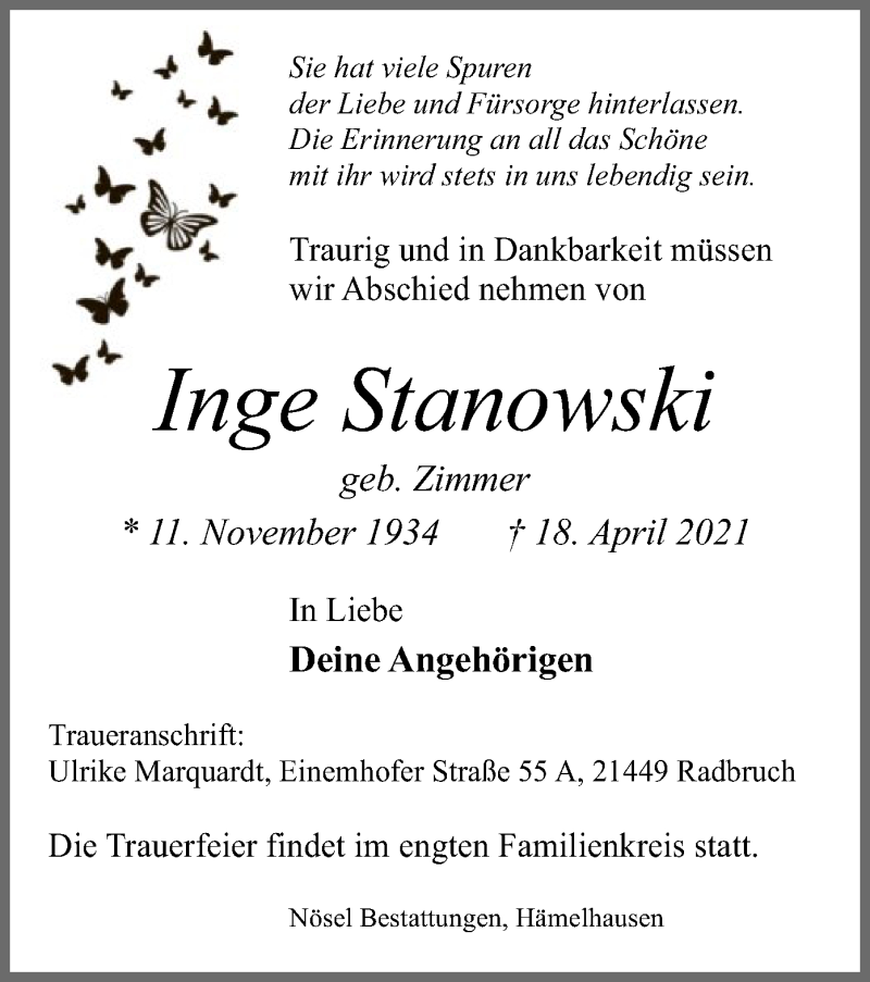  Traueranzeige für Inge Stanowski vom 24.04.2021 aus SYK