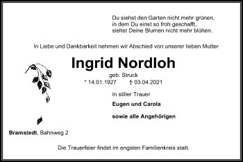 Traueranzeige von Ingrid Nordloh von SYK