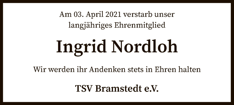  Traueranzeige für Ingrid Nordloh vom 08.04.2021 aus SYK