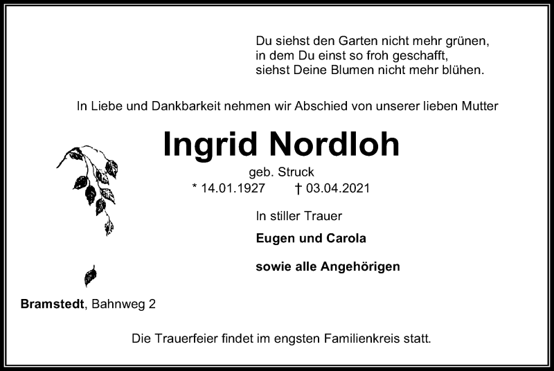  Traueranzeige für Ingrid Nordloh vom 07.04.2021 aus SYK