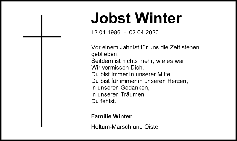 Traueranzeige für Jobst Winter vom 03.04.2021 aus SYK
