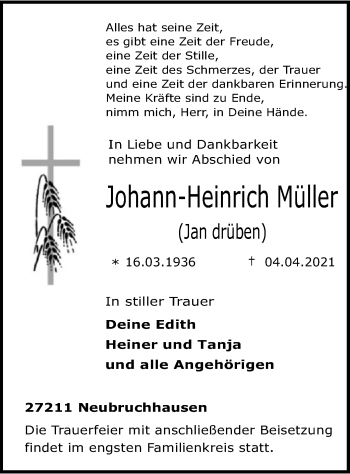 Traueranzeige von Johann-Heinrich Müller von SYK