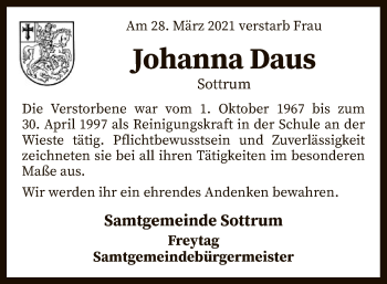 Traueranzeige von Johanna Daus von SYK