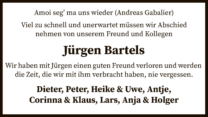  Traueranzeige für Jürgen Bartels vom 07.04.2021 aus SYK
