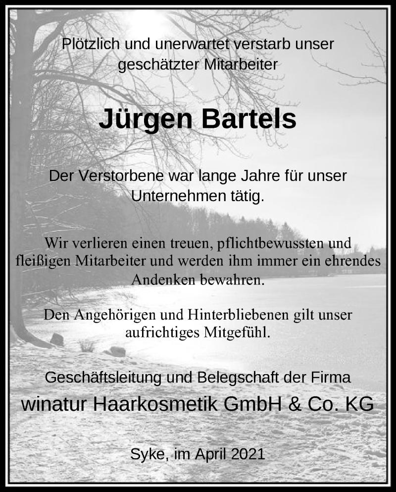  Traueranzeige für Jürgen Bartels vom 09.04.2021 aus SYK