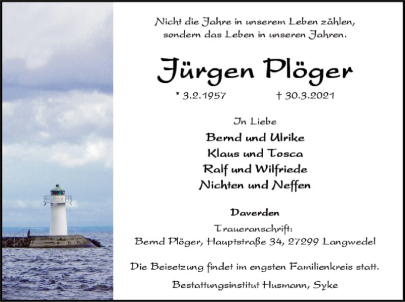  Traueranzeige für Jürgen Plöger vom 03.04.2021 aus SYK